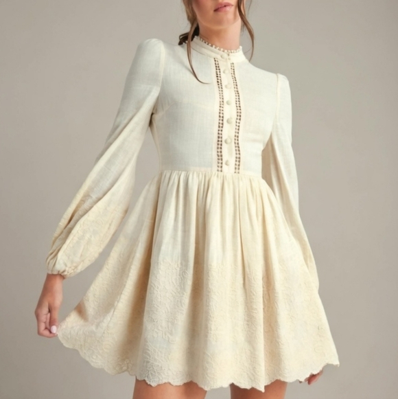 Endless Blu EB Luxe Dress Button Up Midi Linen Blend Cream Size Small